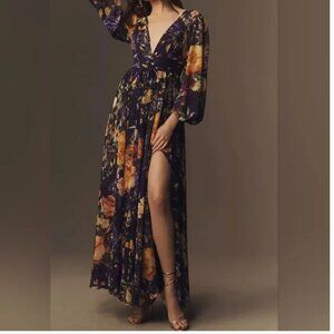 Anthropologie BHLDN Maxi Long Dress Floral Navy Blue size 10
